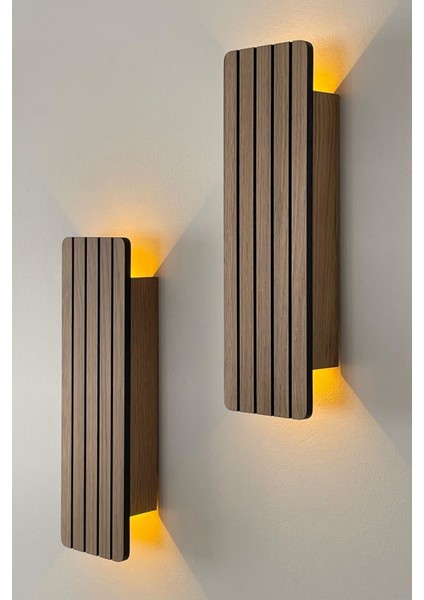 2 Adet Ahşap Pilli Dekoratif Duvar Aydınlatması Aplik Gece Lambası (Açık Meşe - Amber)