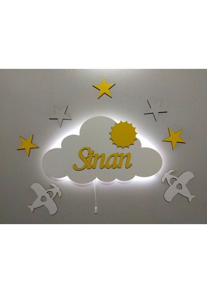 Çocuk Odası Dekoratif Air Force Ahşap Bulut Uçaklı Gece Lambası Ledli Aydınlatma