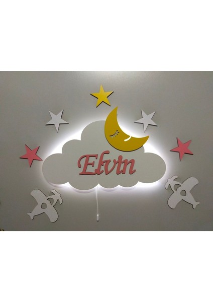 Çocuk Odası Dekoratif Ahşap Bulut Uçaklı Gece Lambası Ledli Aydınlatma