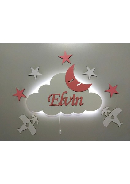Çocuk Odası Dekoratif Air Force Ahşap Bulut Uçaklı Gece Lambası Ledli Aydınlatma