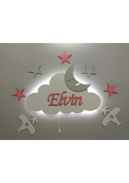 Çocuk Odası Dekoratif Air Force Ahşap Bulut Uçaklı Gece Lambası Ledli Aydınlatma