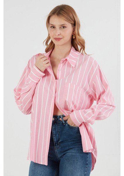 Çizgili Tek Cepli Oversize Gömlek