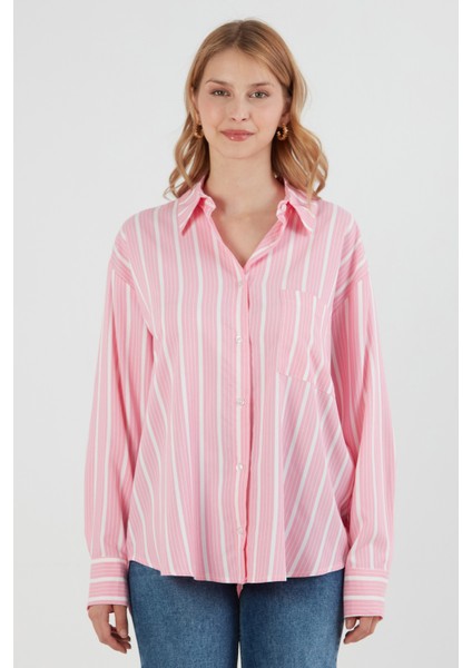 Çizgili Tek Cepli Oversize Gömlek