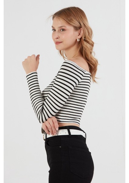 Çizgili Madonna Yaka Likralı Crop Bluz modelleri