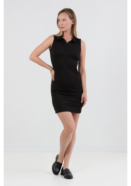 Basic Polo Yaka Yarım Düğmeli Likralı Modal Elbise