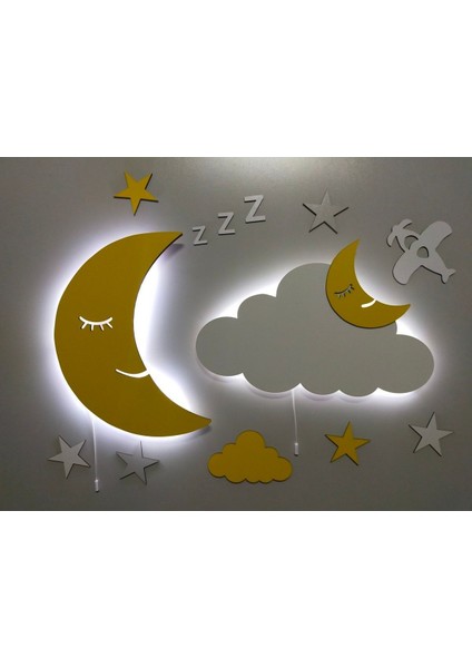 Dekoratif Ahşap Işıklı Ay Bulut Gece Lambası Ledli Aydınlatma Çocuk Odası