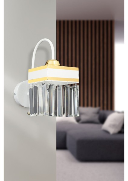 Beyaz Baston Kristal Taşlı Sarı Şeritli Kare Aşağı Bakan Modern Aplik