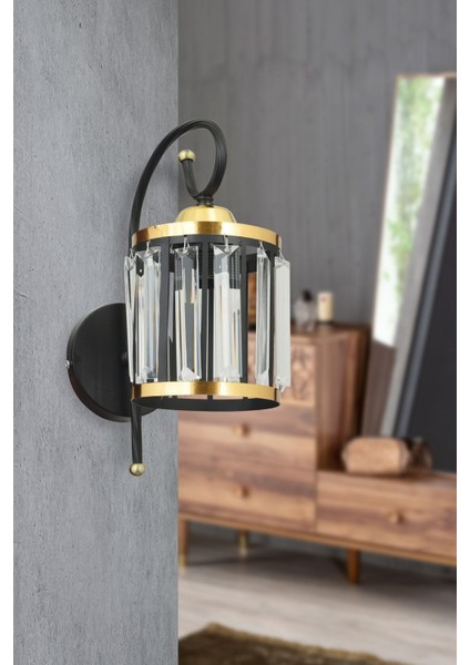 Siyah Kule Kristal Taşlı Sarı Şeritli Silindir Aşağı Bakan Modern Aplik