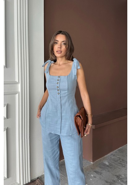 Şantuk Keten Yelek Görünümlü Askılı Bluz - Pantolon Tk - Mavi