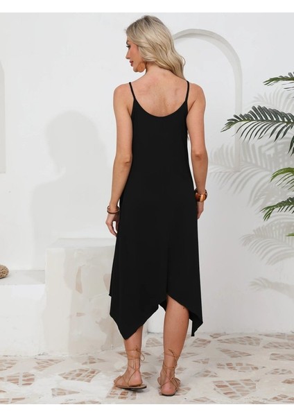 Kadın Ip Askılı Yuvarlak Yakalı Asimetrik Kesim Viskon Elbise indirimleri