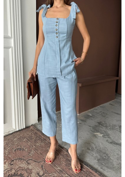 Şantuk Keten Yelek Görünümlü Askılı Bluz - Pantolon Tk - Mavi