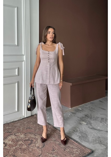 Şantuk Keten Yelek Görünümlü Askılı Bluz - Pantolon Tk - Lila