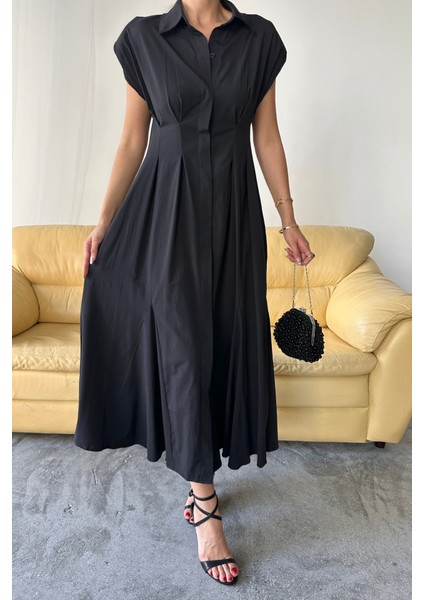 Kolsuz Vatkalı Önden Düğmeli Bel Pens Detaylı Poplin Elbise - Siyah fiyatları