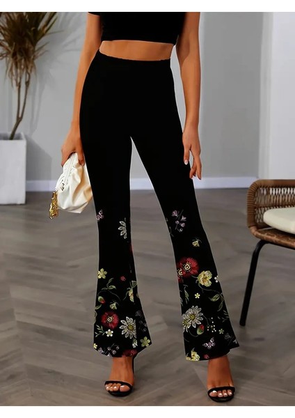 Aknbutik Kadın Yüksek Belli Çiçek Desenli Ispanyol Paçalı Dalgıç Tayt Pantolon