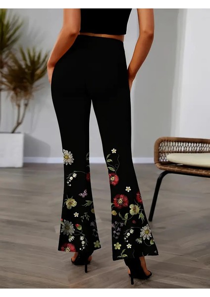 Aknbutik Kadın Yüksek Belli Çiçek Desenli Ispanyol Paçalı Dalgıç Tayt Pantolon