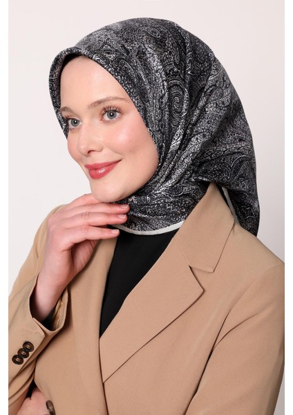 Lacivert - Ekru Soyut Etnik Desen Twill Ipek Eşarp