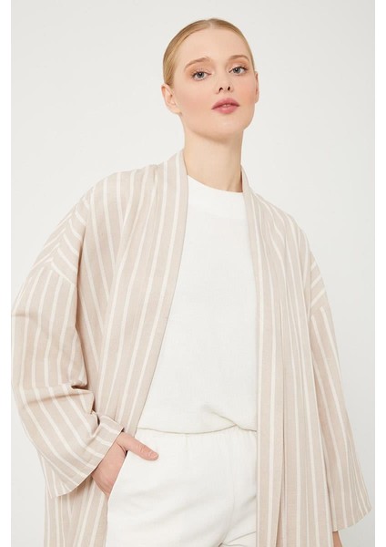Bej Çizgili Desen Kimono Takım fırsatları