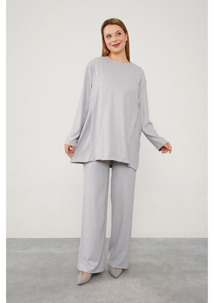 Gri Düğme Detaylı Bisiklet Yaka İkili Takım