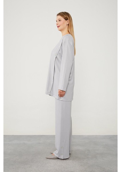 Gri Düğme Detaylı Bisiklet Yaka İkili Takım fırsatları