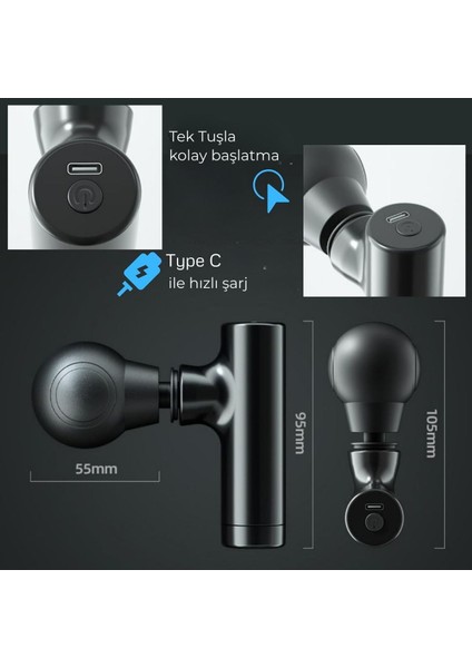 Mini Masaj Tabancası Şarjlı Titreşimli 3 Modlu TP-10352