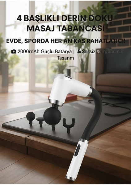 Şarjlı Masaj Tabancası - 4 Başlıklı, Sessiz Fırçasız Motor, Derin Doku Kas Masaj Aleti