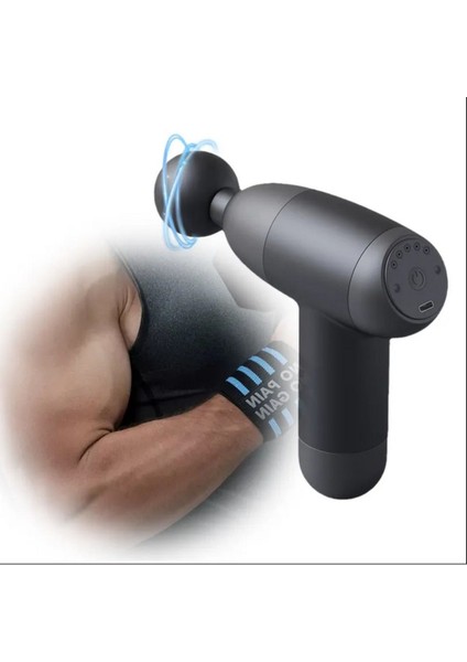 Gri renk mini masaj tabancası, 4 başlıklı, şarjlı, 5 kademeli, Type-C girişli