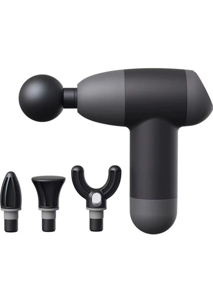 Gri renk mini masaj tabancası, 4 başlıklı, şarjlı, 5 kademeli, Type-C girişli