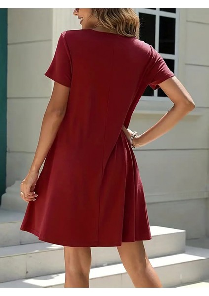 Aknbutik Kadın Kısa Kollu V Yaka Önü Düğmeli Viskon Elbise fiyatları
