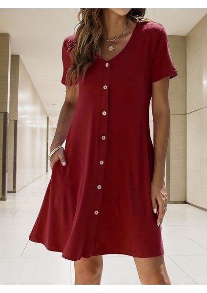 Aknbutik Kadın Kısa Kollu V Yaka Önü Düğmeli Viskon Elbise modelleri