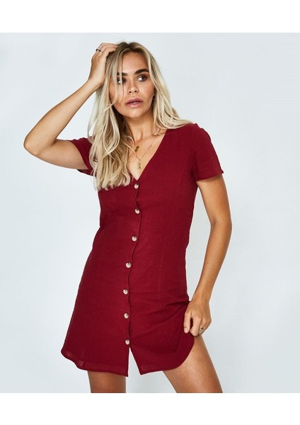 Aknbutik Kadın Kısa Kollu V Yaka Önü Düğmeli Viskon Elbise
