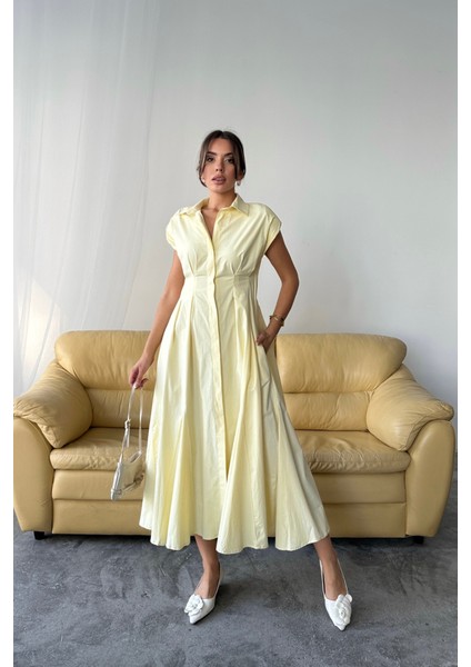 Kolsuz Vatkalı Önden Düğmeli Bel Pens Detaylı Poplin Elbise - Sarı modelleri