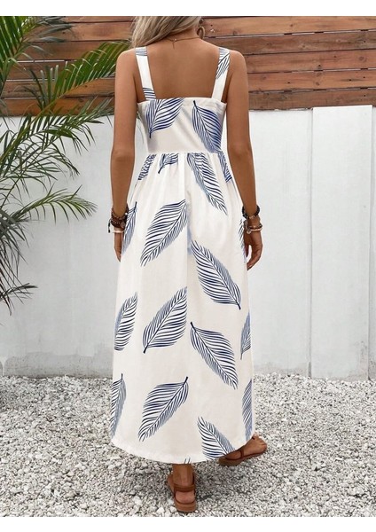 Kadın Askılı Önden Düğmeli Yaprak Desenli Uzun Süprem Elbise