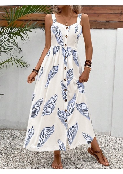 Miracotton Kadın Askılı Önden Düğmeli Yaprak Desenli Uzun Süprem Elbise fiyatları