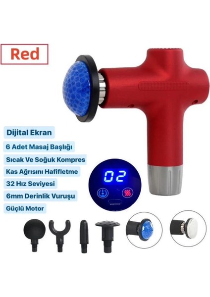 Kırmızı yeni nesil şarjlı ısıtmalı masaj tabancası, sıcak-soğuk fonksiyonlu