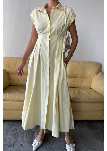 Kolsuz Vatkalı Önden Düğmeli Bel Pens Detaylı Poplin Elbise - Sarı fiyatları