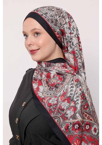 Siyah-Kırmızı Soyut Çiçek Desen Love Şal