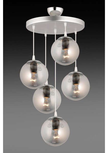 Sarkıt Tepsi Krom 5'li Füme Glop Camlı Lüks Avize