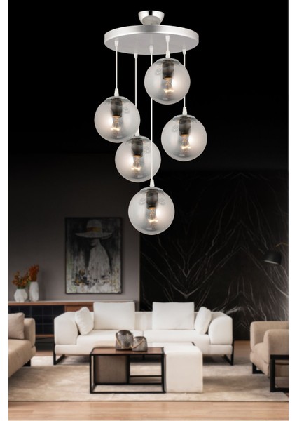 Sarkıt Tepsi Krom 5'li Füme Glop Camlı Lüks Avize fiyatları