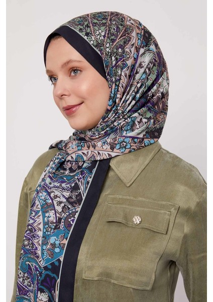 Indigo Soyut Çiçek Desen Love Şal