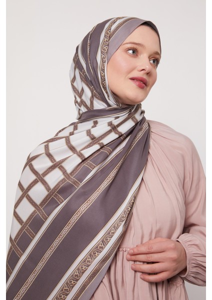 Gri Şeritli Varak Desen Love Şal