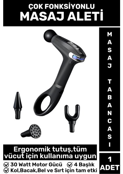 Yüksek Titreşimli Ergonomik Kas Masaj Aleti, 4 Başlıklı, 8 Hız, Spor ve Fitness için Siyah