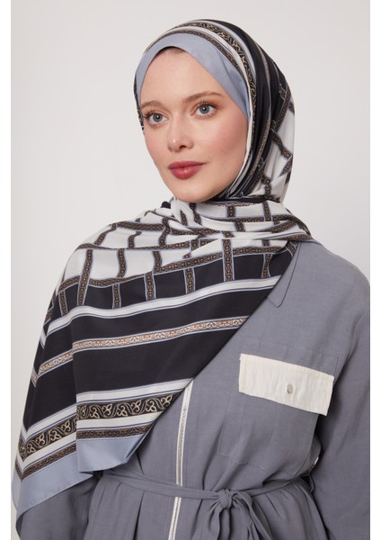 Buz Mavisi Şeritli Varak Desen Love Şal