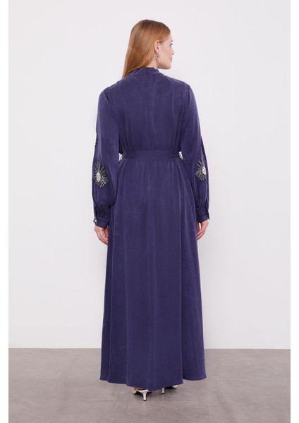 Mavi Inci Nakış Detaylı Cuıpra Elbise modelleri