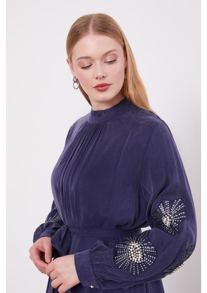 Mavi Inci Nakış Detaylı Cuıpra Elbise indirimleri