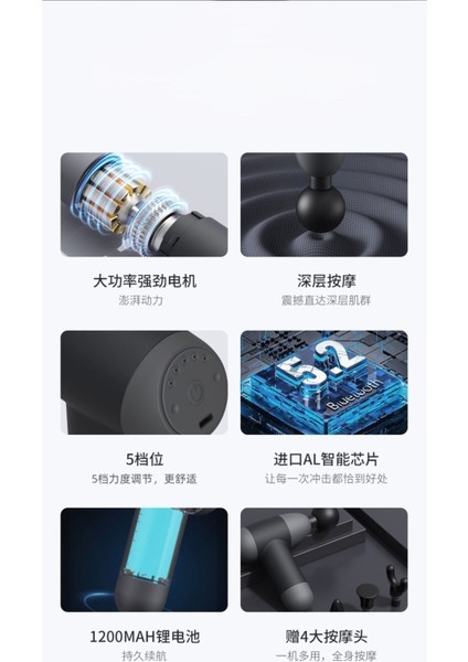 Taşınabilir 4 başlıklı masaj tabancası, rahatlık ve gevşeme sağlar, renk: gri