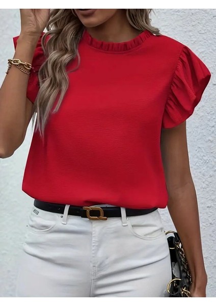 Kadın Kısa Kollu Fırfır Yakalı Bürümcük Bluz modelleri