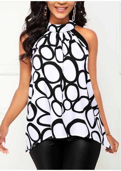 Aknbutik Kadın Reglan Kol Daire Yaka Desenli Asimetrik Süprem Bluz