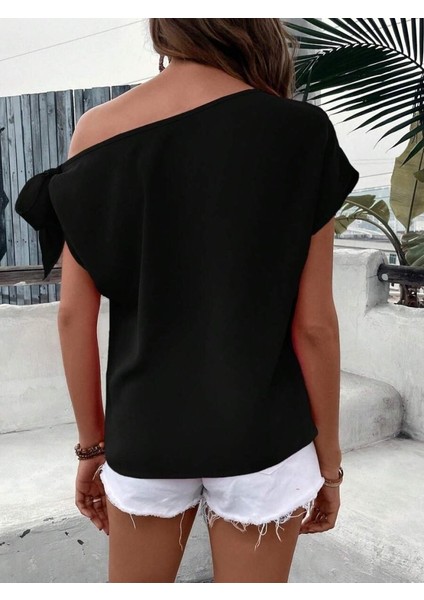 Modamuvo Kadın Tek Omuzu Açık Koldan Bağlamalı Janjan Krep Bluz fırsatları