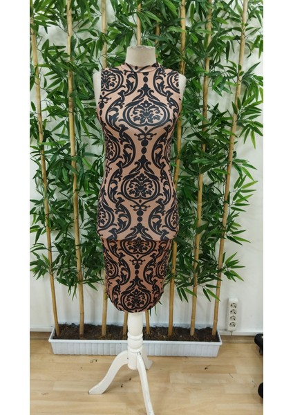 Kadın Kolsuz Yarı Balıkçı Yaka Desenli Dalgıç Elbise