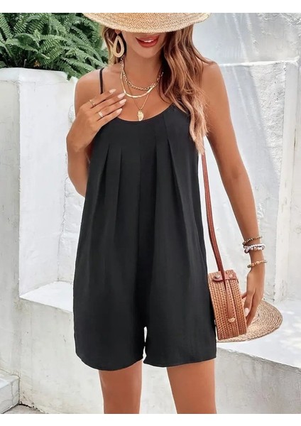 Kadın Ip Askılı Yuvarlak Yakalı Pileli Viskon Tulum indirimleri